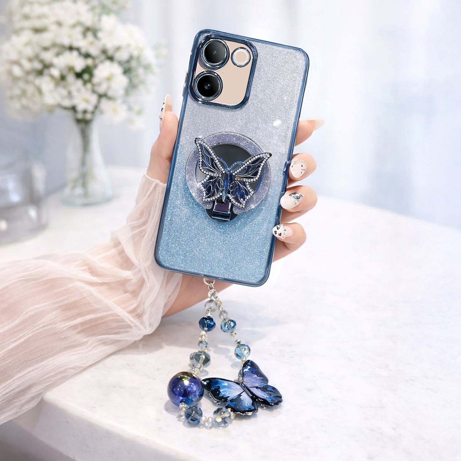 Vivo T2 Pro 5G Stunning Shimmer Electroplating Butterfly Stand Charm Case
