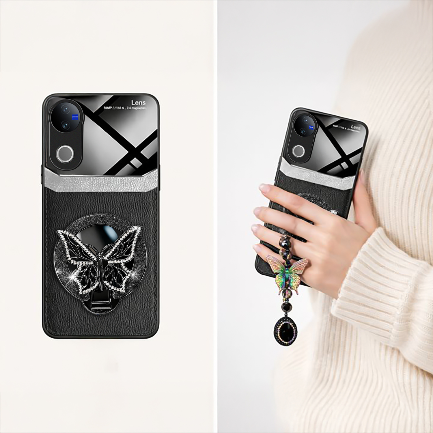 Vivo V50 5G Premium Leather Lens Butterfly Stand Case with Charm Strap