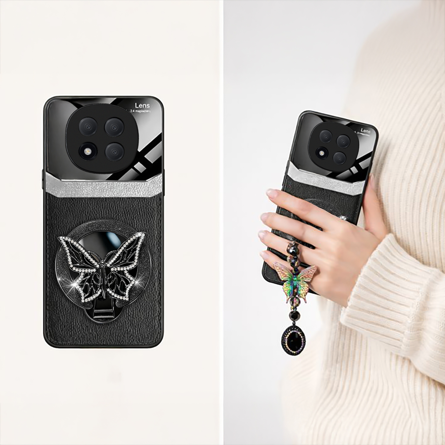 Redmi Note 14 Pro+ 5G Premium Leather Lens Butterfly Stand Case with Charm Strap