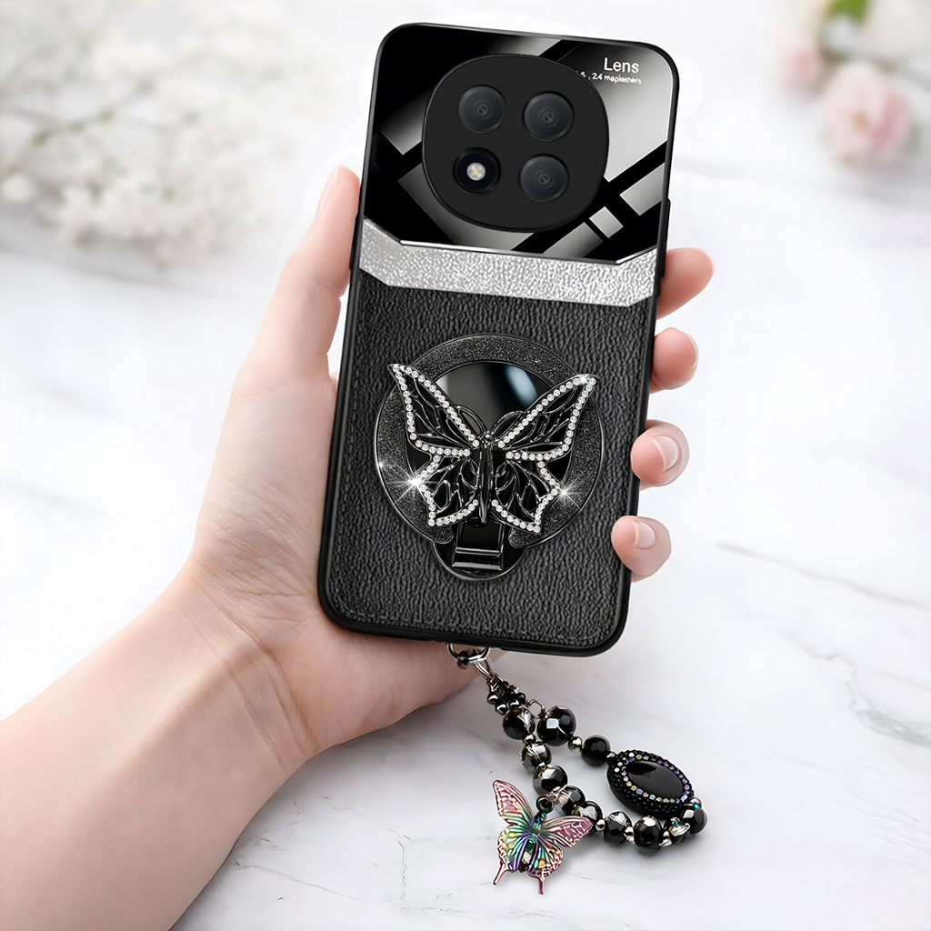 Redmi Note 14 Pro+ 5G Premium Leather Lens Butterfly Stand Case with Charm Strap