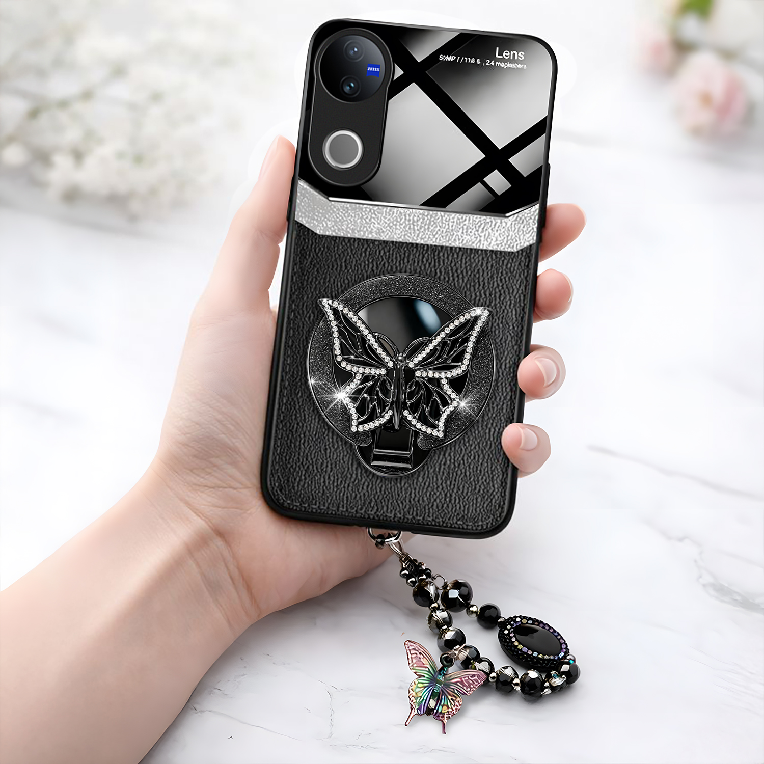 Vivo V50 5G Premium Leather Lens Butterfly Stand Case with Charm Strap