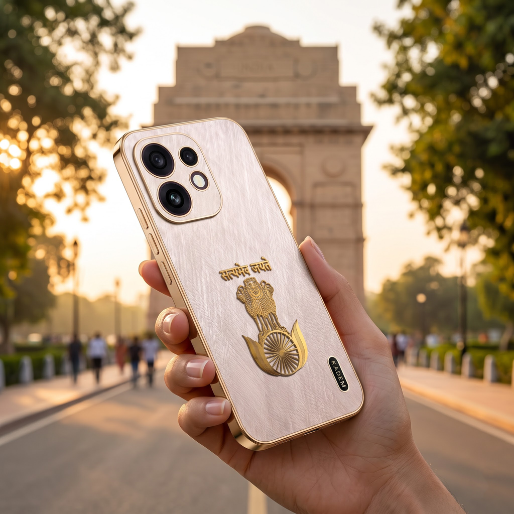 Oppo Reno 16 5G Satyamev Jayate 3D Electroplated Frame Gold Thread Pattern Hard Back Case