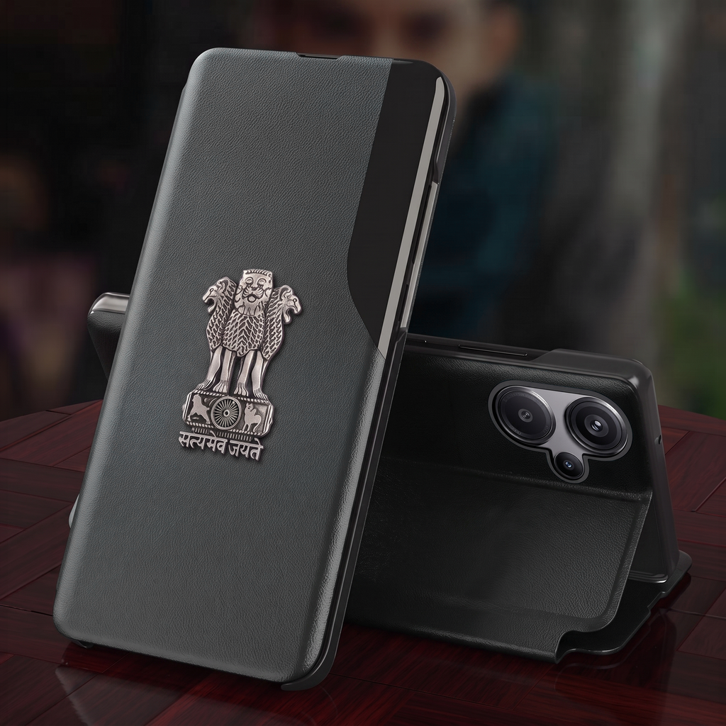 Redmi Note 13 Pro+ 5G Metal Emblem Satyamev Jayate Half Window Leather Flip Case