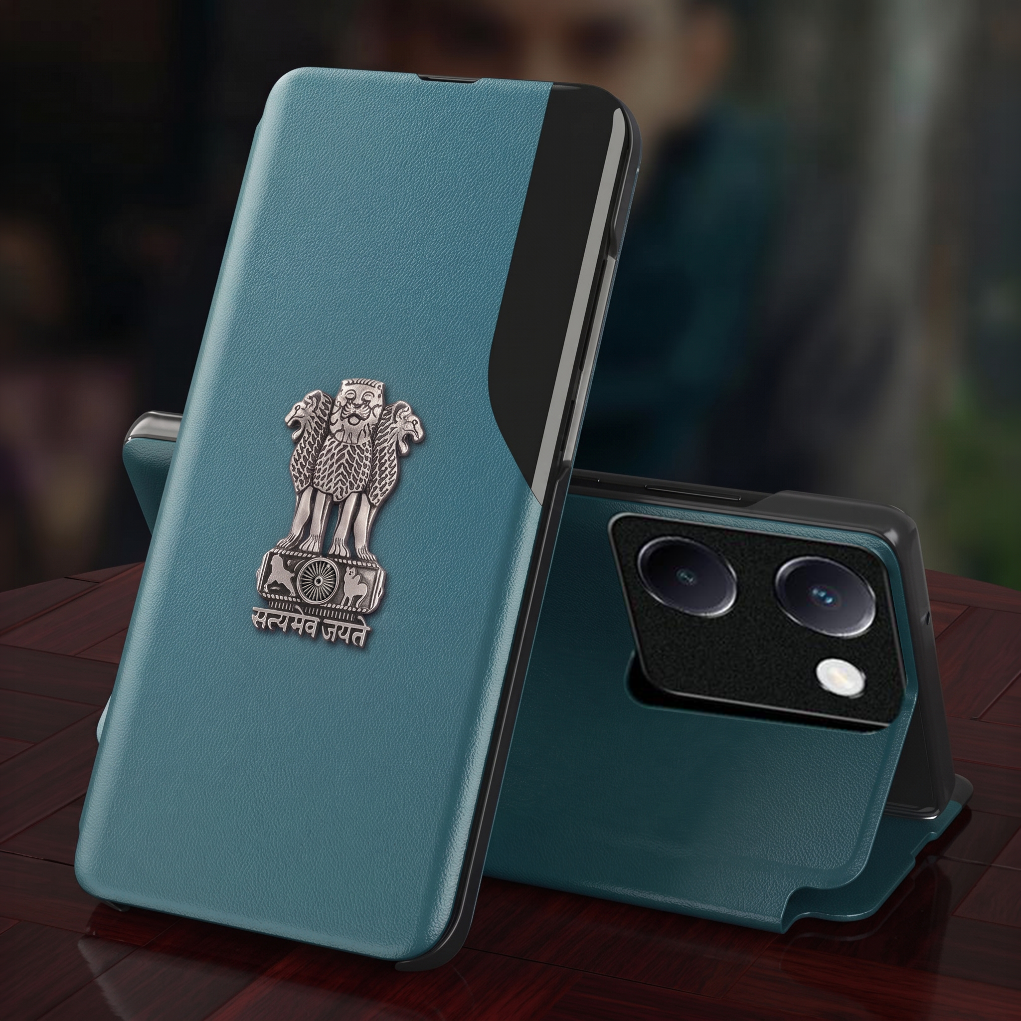 Vivo Y200 Pro 5G Metal Emblem Satyamev Jayate Half Window Leather Flip Case