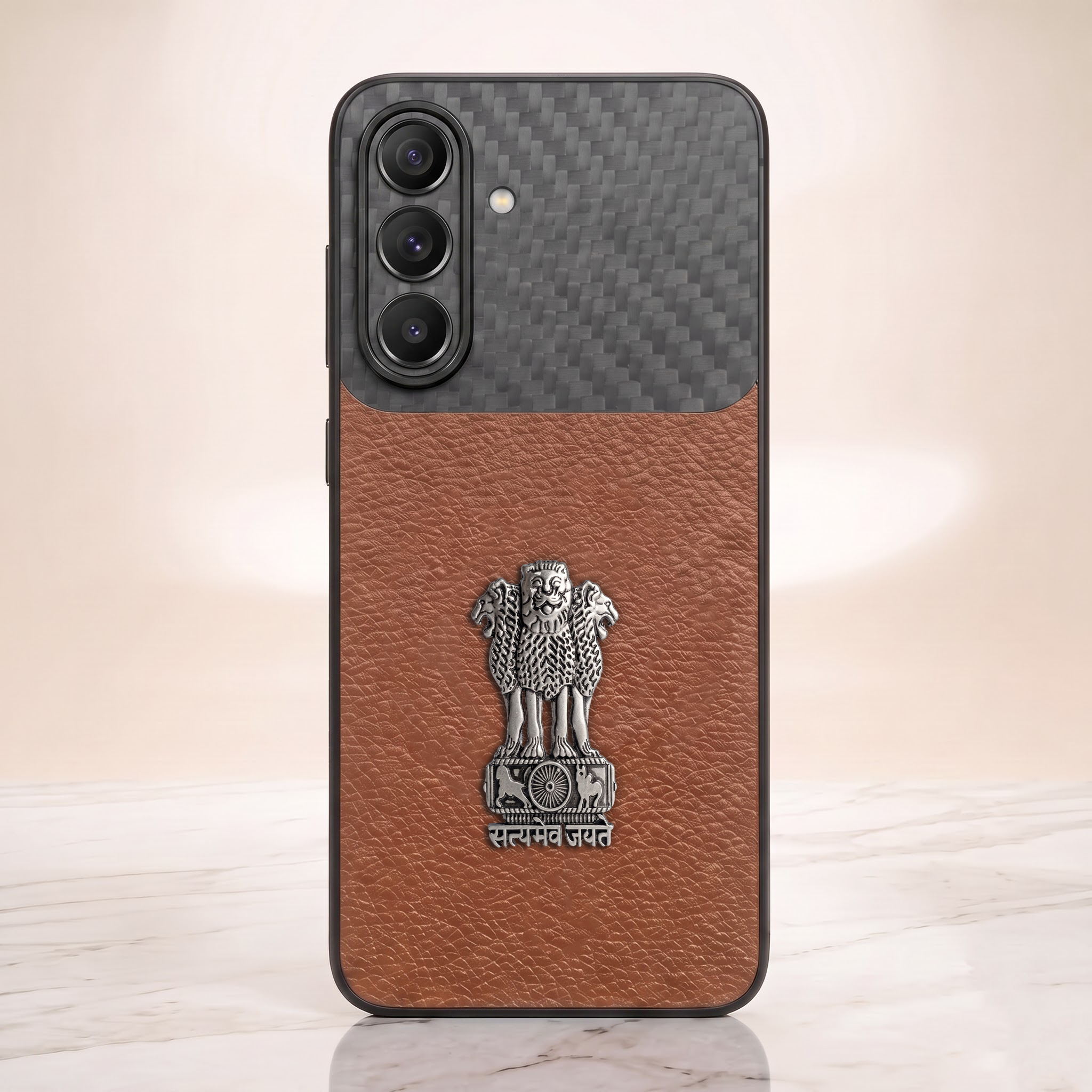 Samsung Galaxy A27 5G Satyamev Jayate Carbon Fiber Leather Hybrid Phone Case