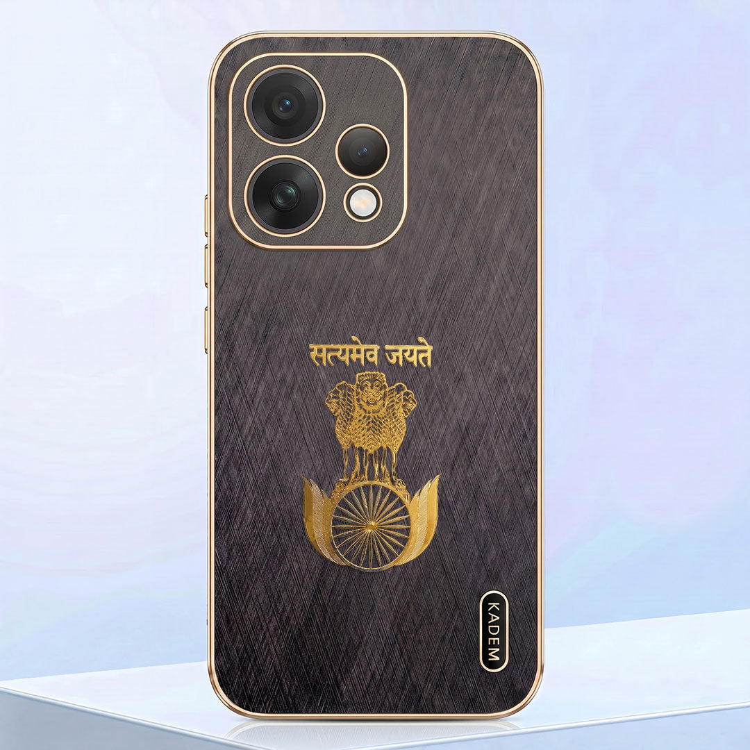 Oppo Reno 15 5G Satyamev Jayate 3D Electroplated Frame Gold Thread Pattern Hard Back Case
