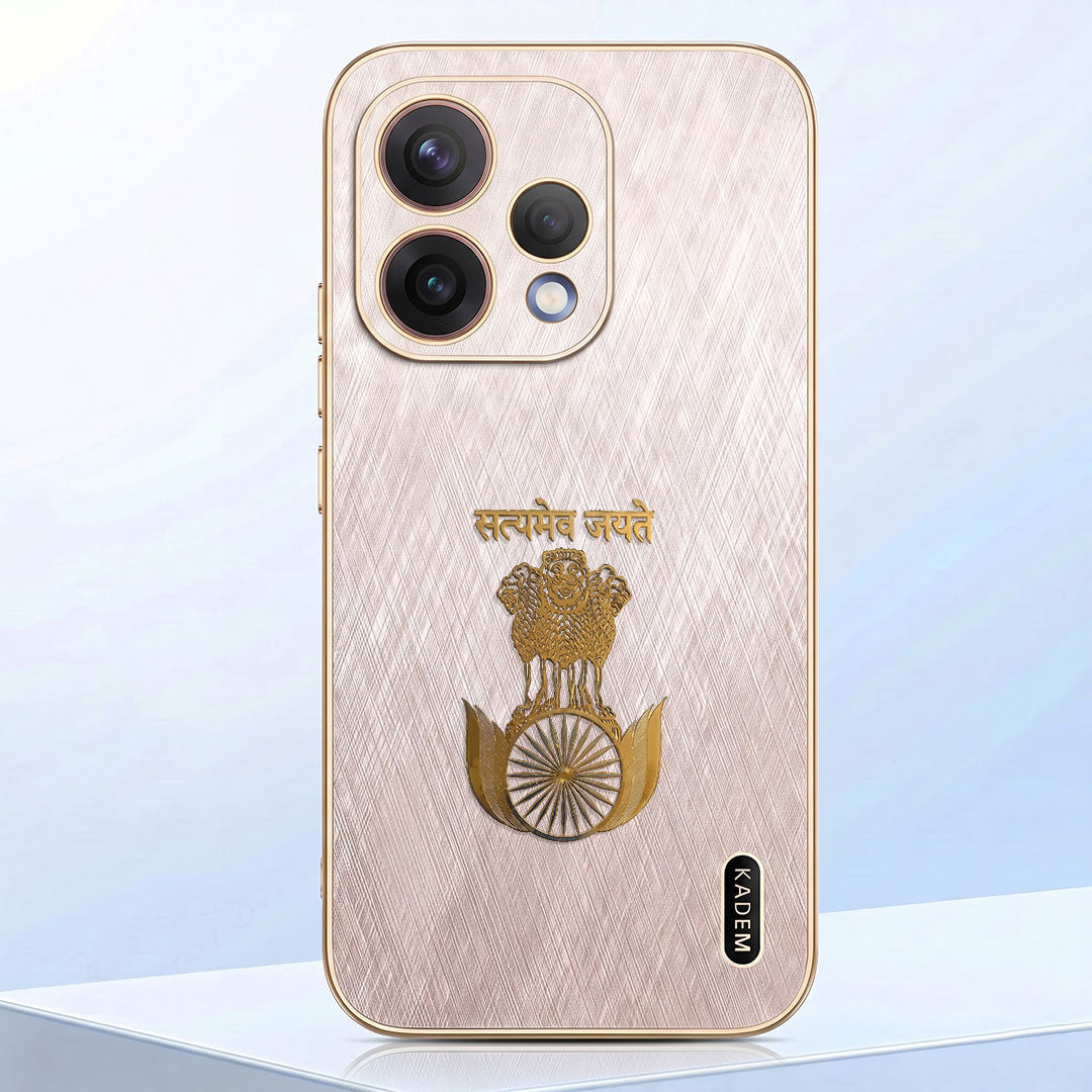 Oppo Reno 15 5G Satyamev Jayate 3D Electroplated Frame Gold Thread Pattern Hard Back Case