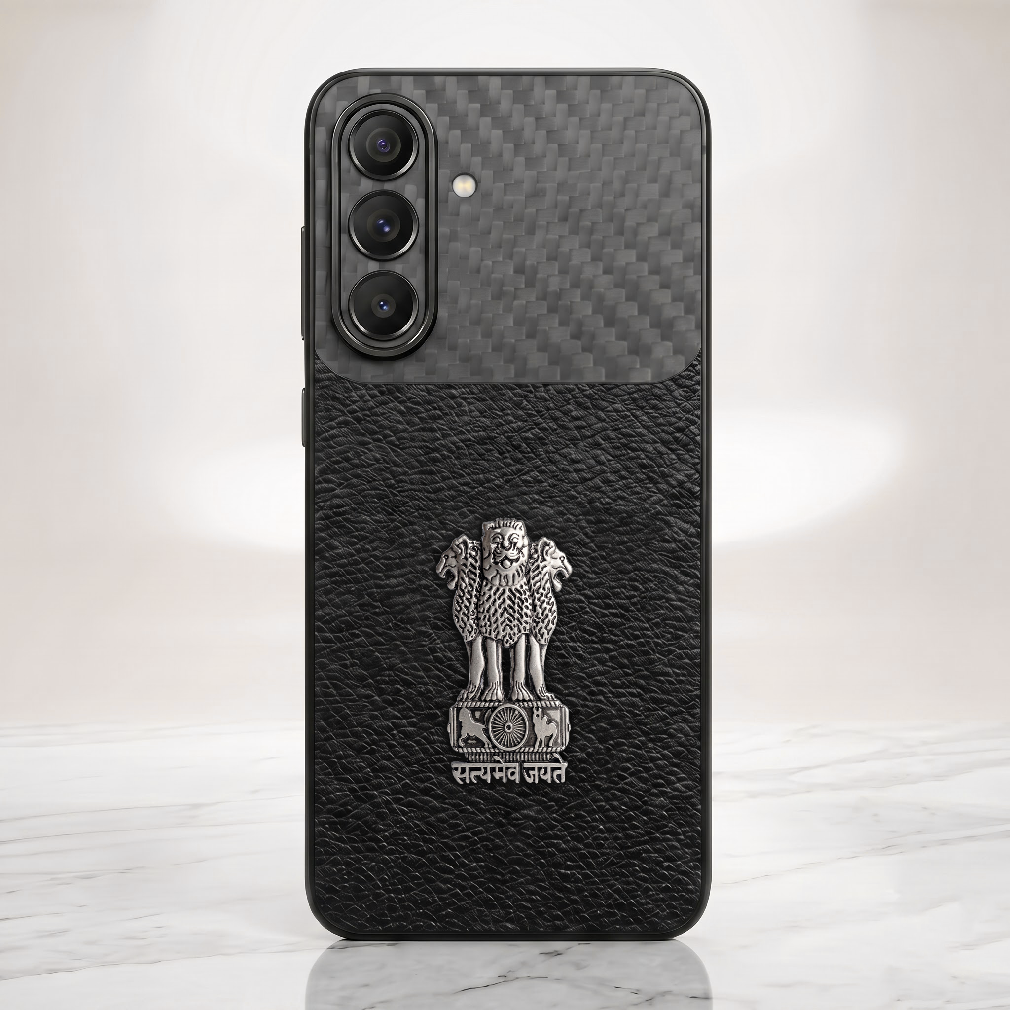 Samsung Galaxy A57 5G Satyamev Jayate Carbon Fiber Leather Hybrid Phone Case