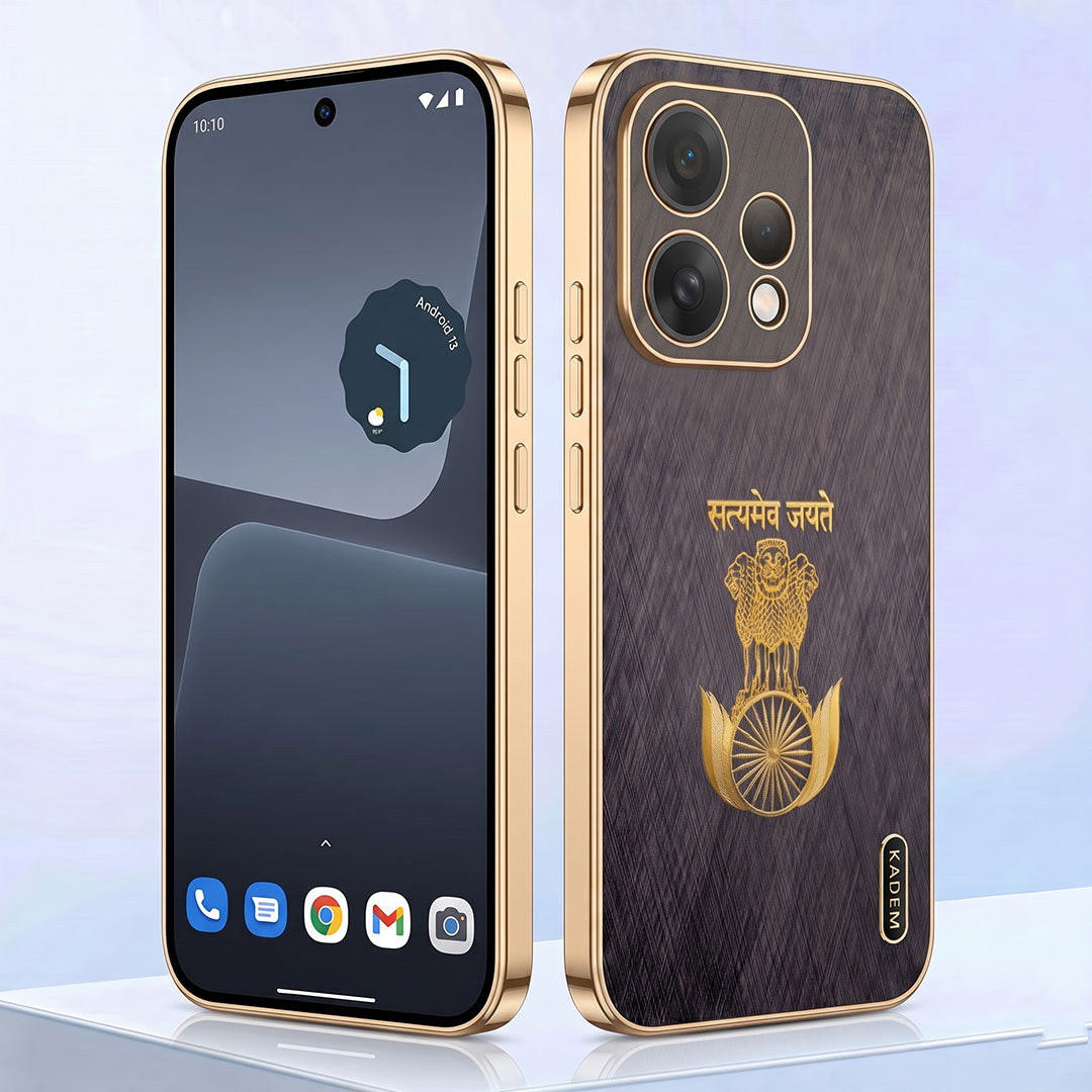 Oppo Reno 15 5G Satyamev Jayate 3D Electroplated Frame Gold Thread Pattern Hard Back Case