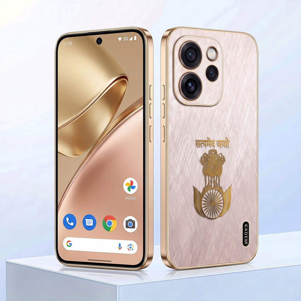 Oppo Reno 15 Pro Mini 5G Satyamev Jayate 3D Electroplated Frame Gold Thread Pattern Hard Back Case