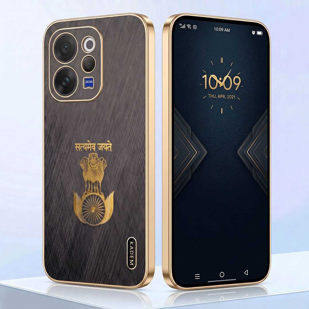 Vivo V70 5G Satyamev Jayate 3D Electroplated Frame Gold Thread Pattern Hard Back Case