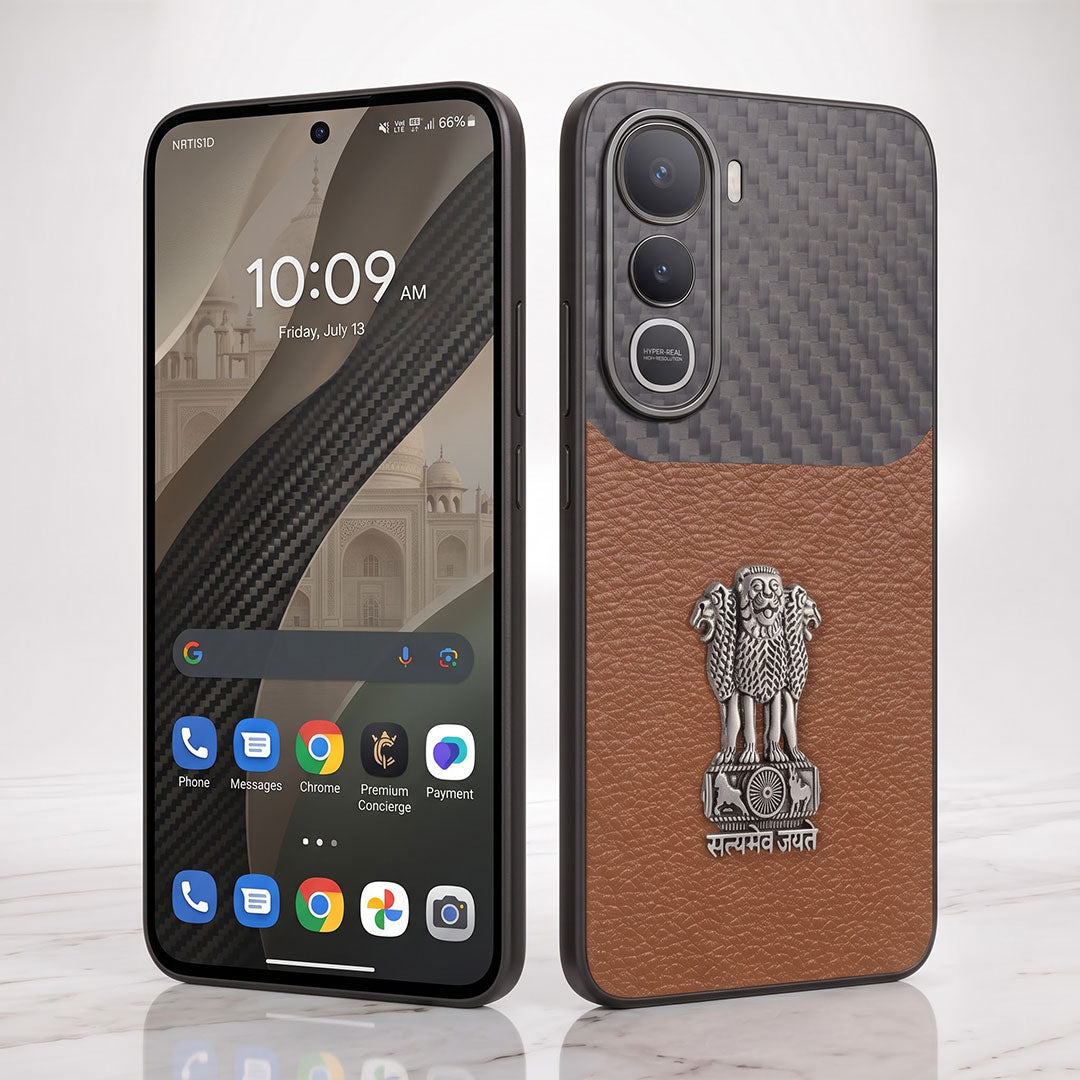 Vivo Y400 Pro 5G Satyamev Jayate Carbon Fiber Leather Hybrid Phone Case