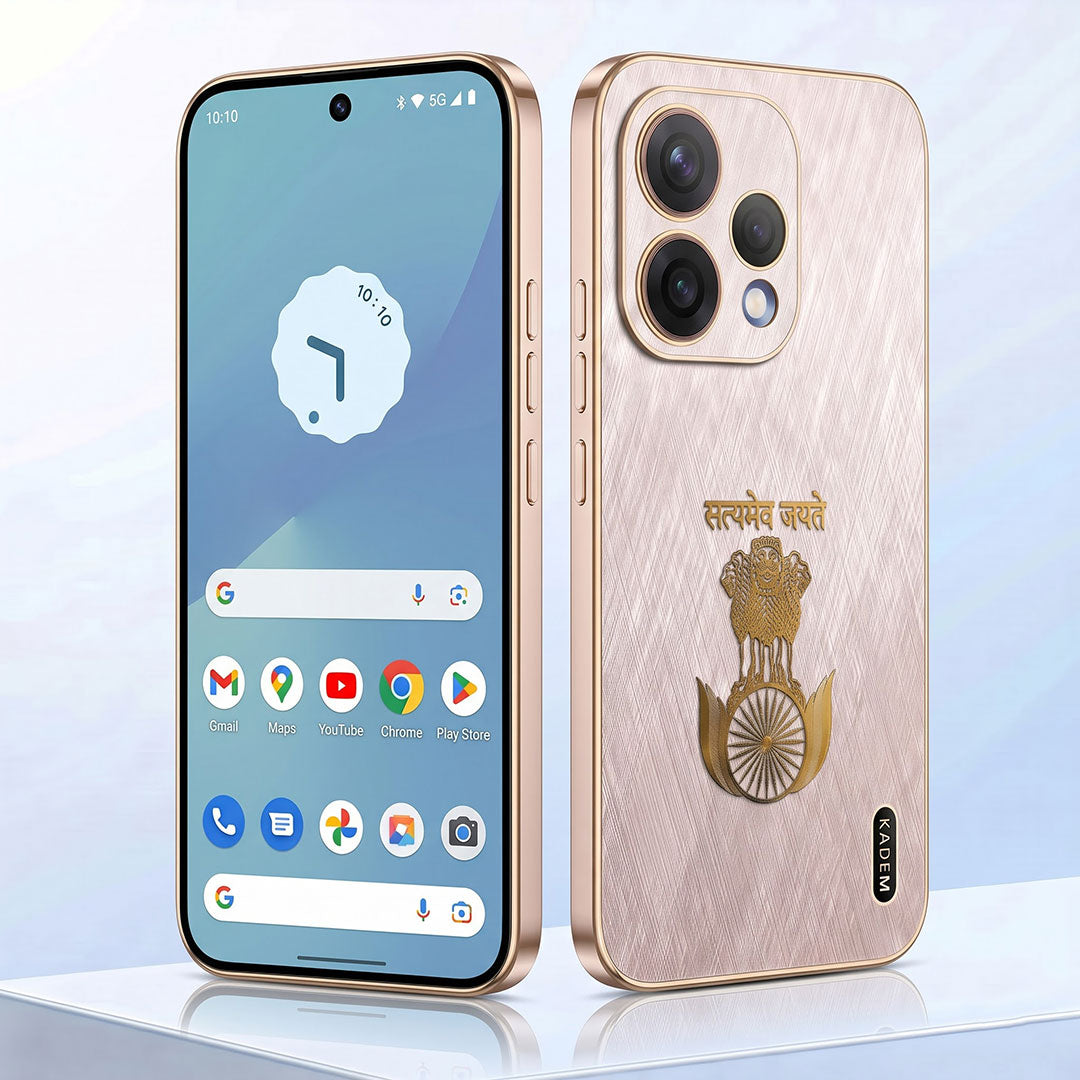 Oppo Reno 15 5G Satyamev Jayate 3D Electroplated Frame Gold Thread Pattern Hard Back Case