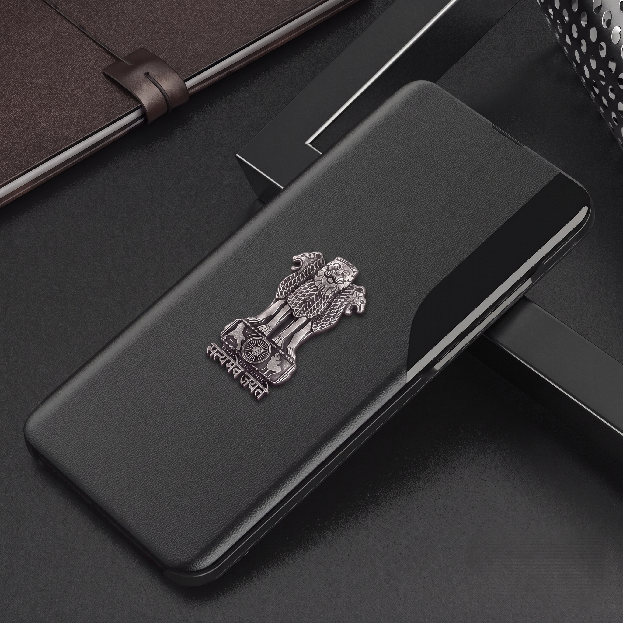 Redmi Note 13 Pro+ 5G Metal Emblem Satyamev Jayate Half Window Leather Flip Case