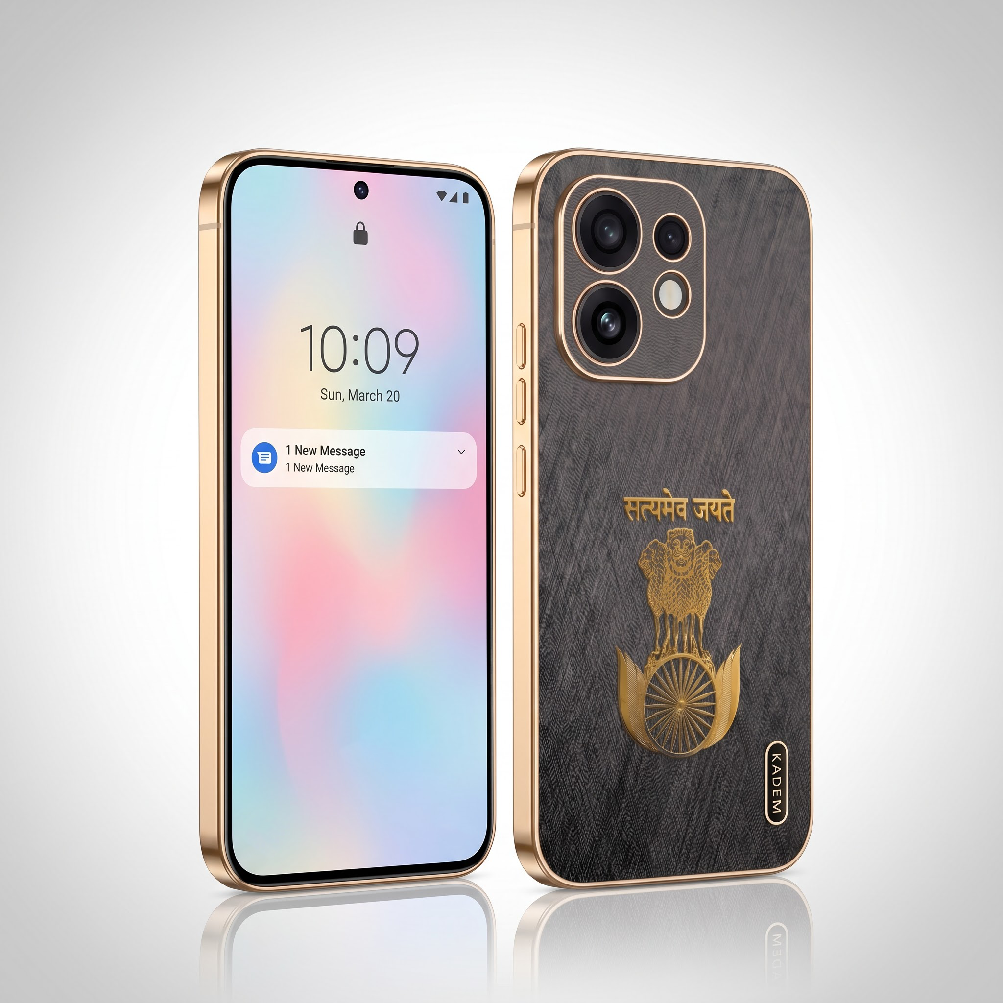 Oppo Reno 16 5G Satyamev Jayate 3D Electroplated Frame Gold Thread Pattern Hard Back Case
