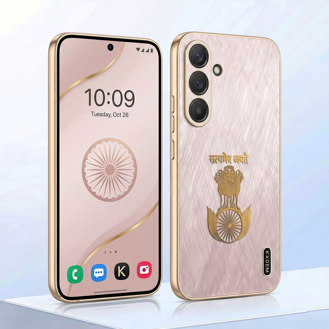 Samsung Galaxy A37 5G Satyamev Jayate 3D Electroplated Frame Gold Thread Pattern Hard Back Case