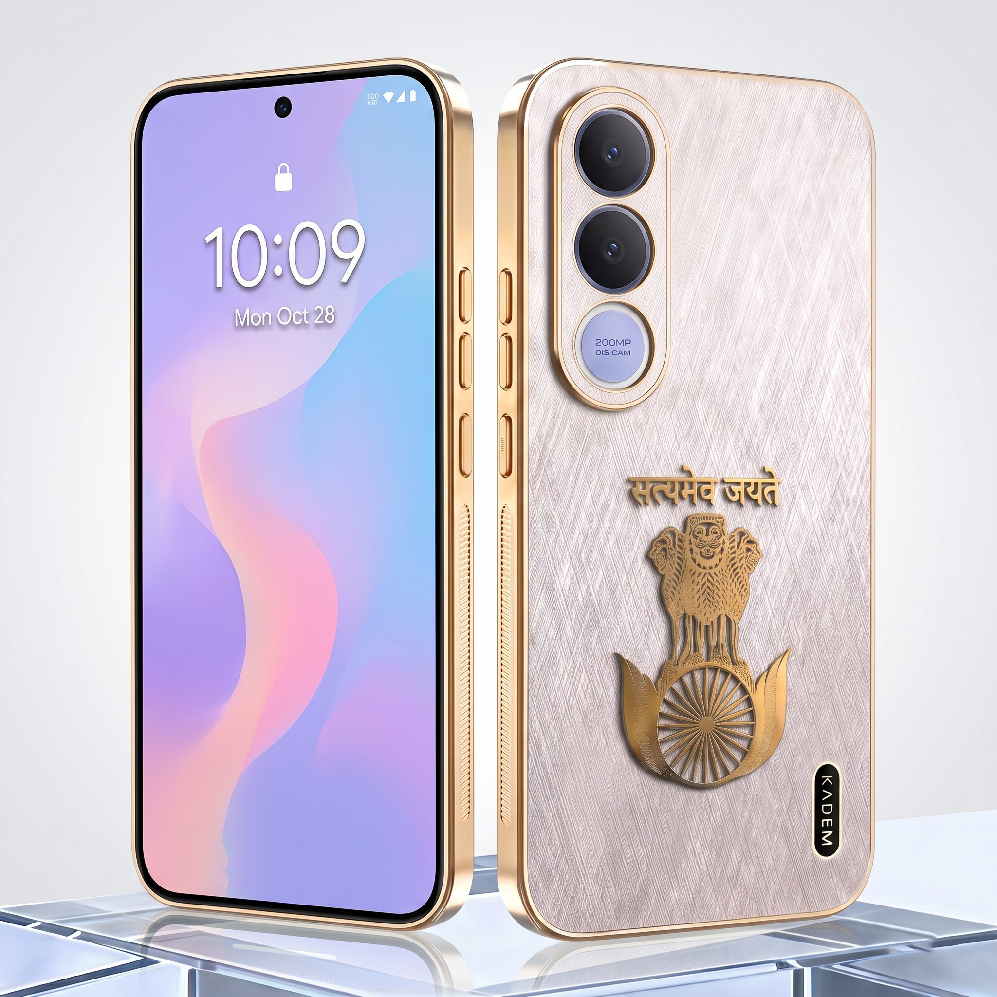 Vivo V70 FE 5G Satyamev Jayate 3D Electroplated Frame Gold Thread Pattern Hard Back Case