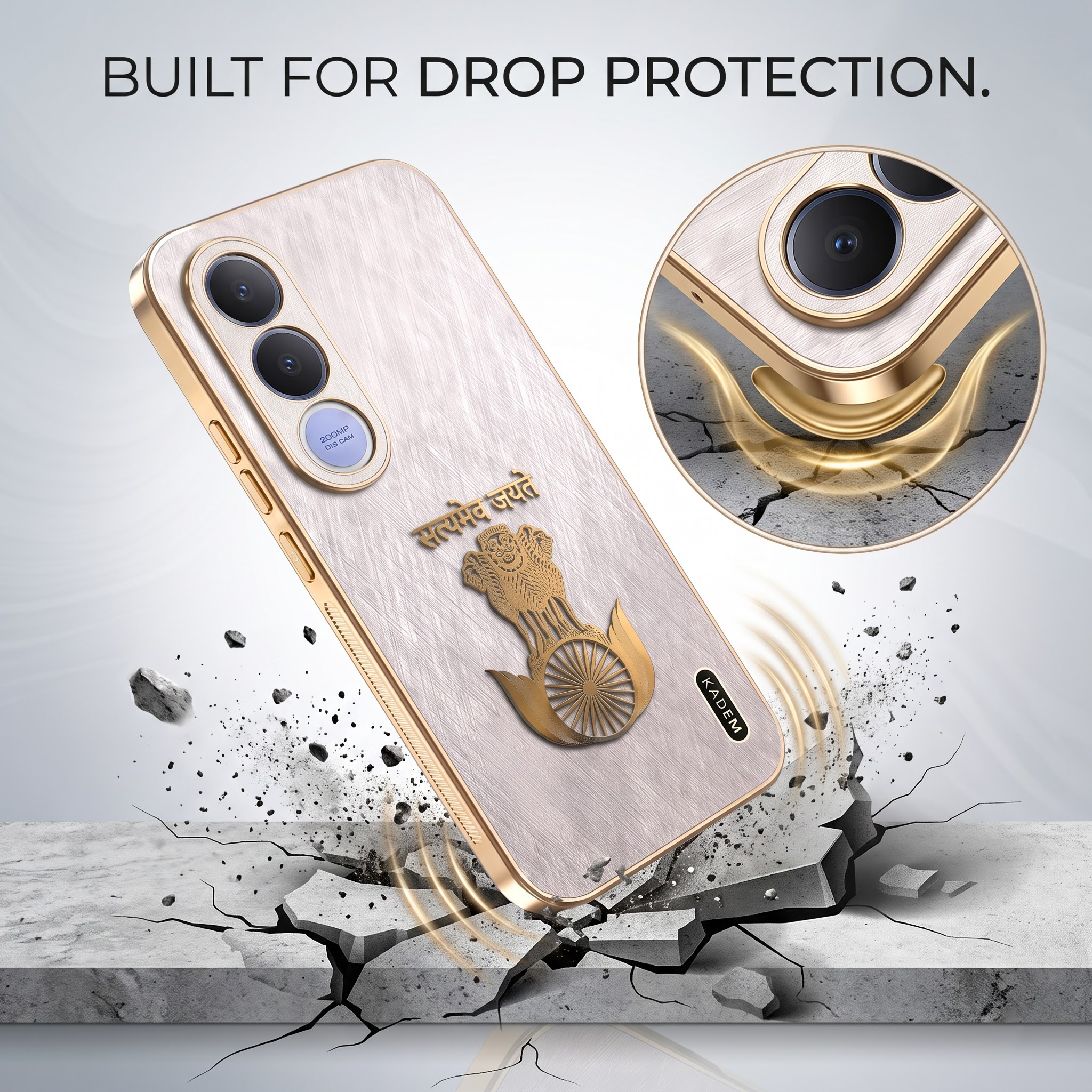 Vivo V70 FE 5G Satyamev Jayate 3D Electroplated Frame Gold Thread Pattern Hard Back Case