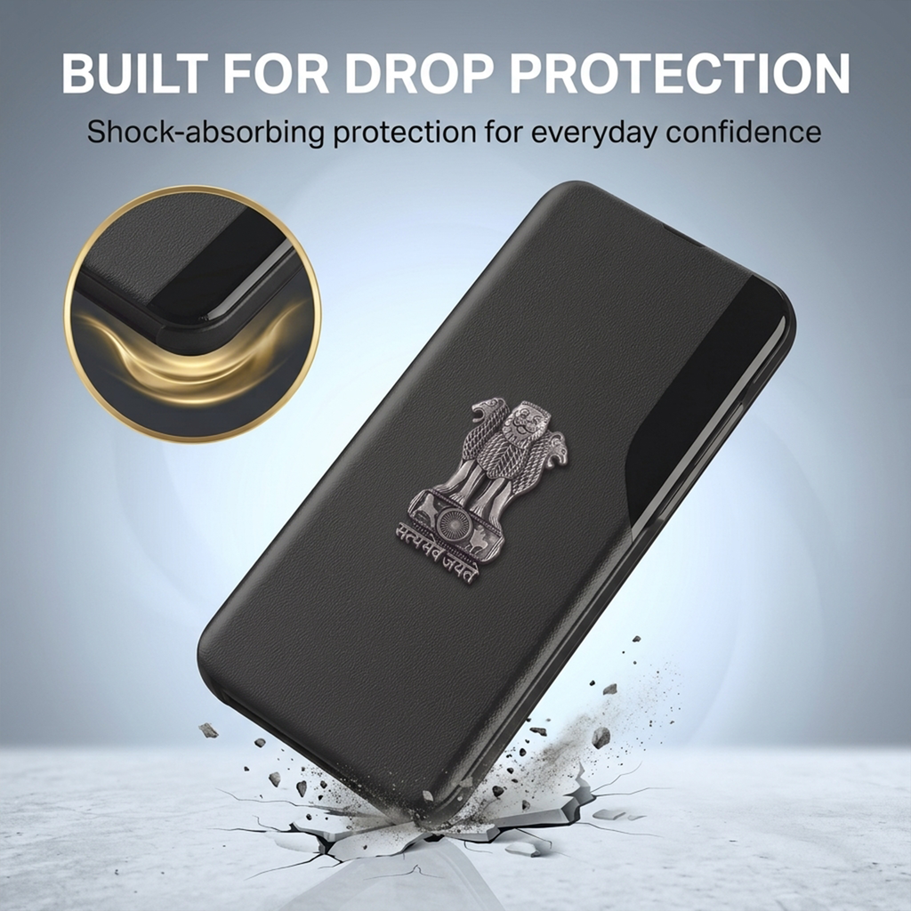 Vivo V40 Pro 5G Metal Emblem Satyamev Jayate Half Window Leather Flip Case