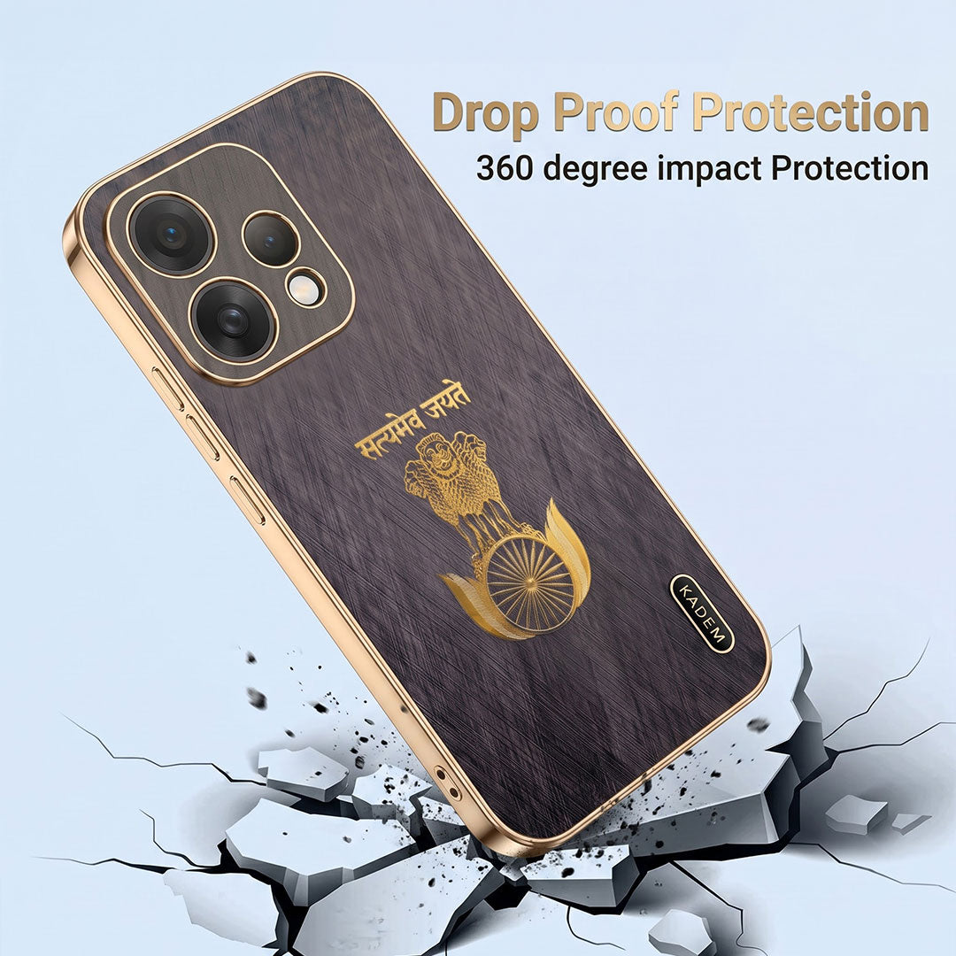 Oppo Reno 15 5G Satyamev Jayate 3D Electroplated Frame Gold Thread Pattern Hard Back Case