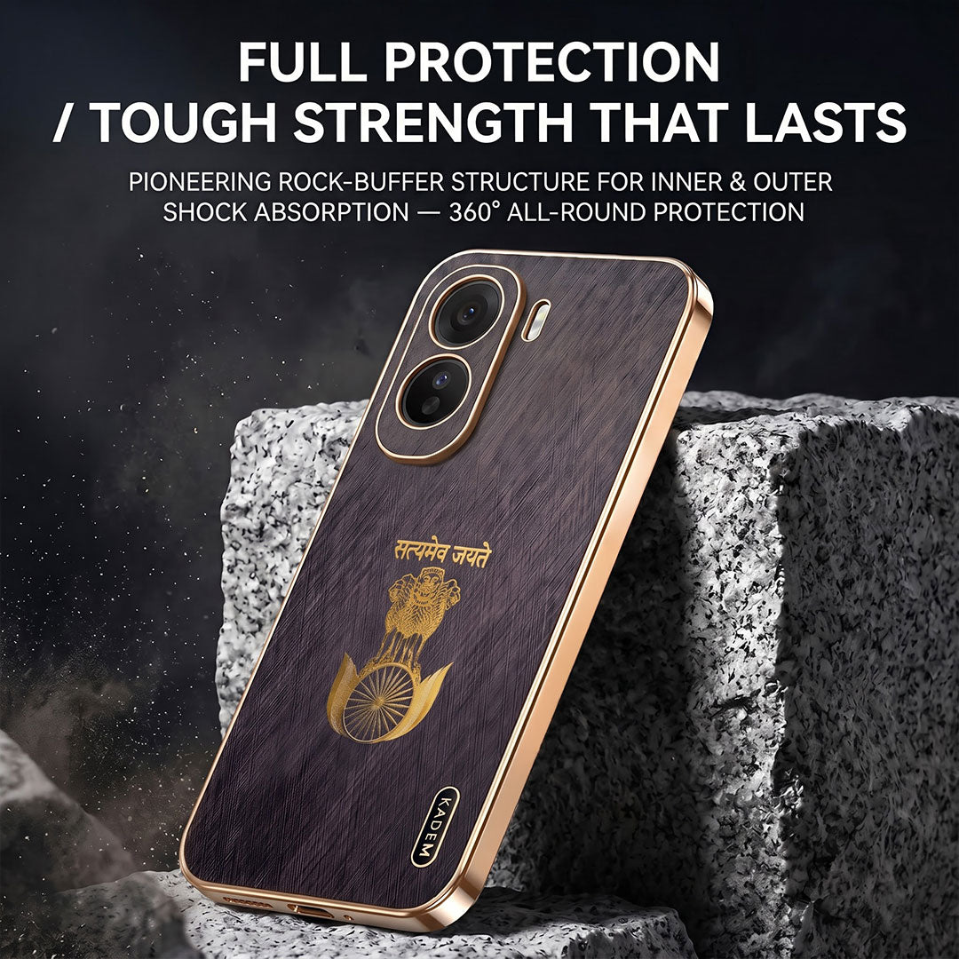 Vivo T5 Pro 5G Satyamev Jayate 3D Electroplated Frame Gold Thread Pattern Hard Back Case