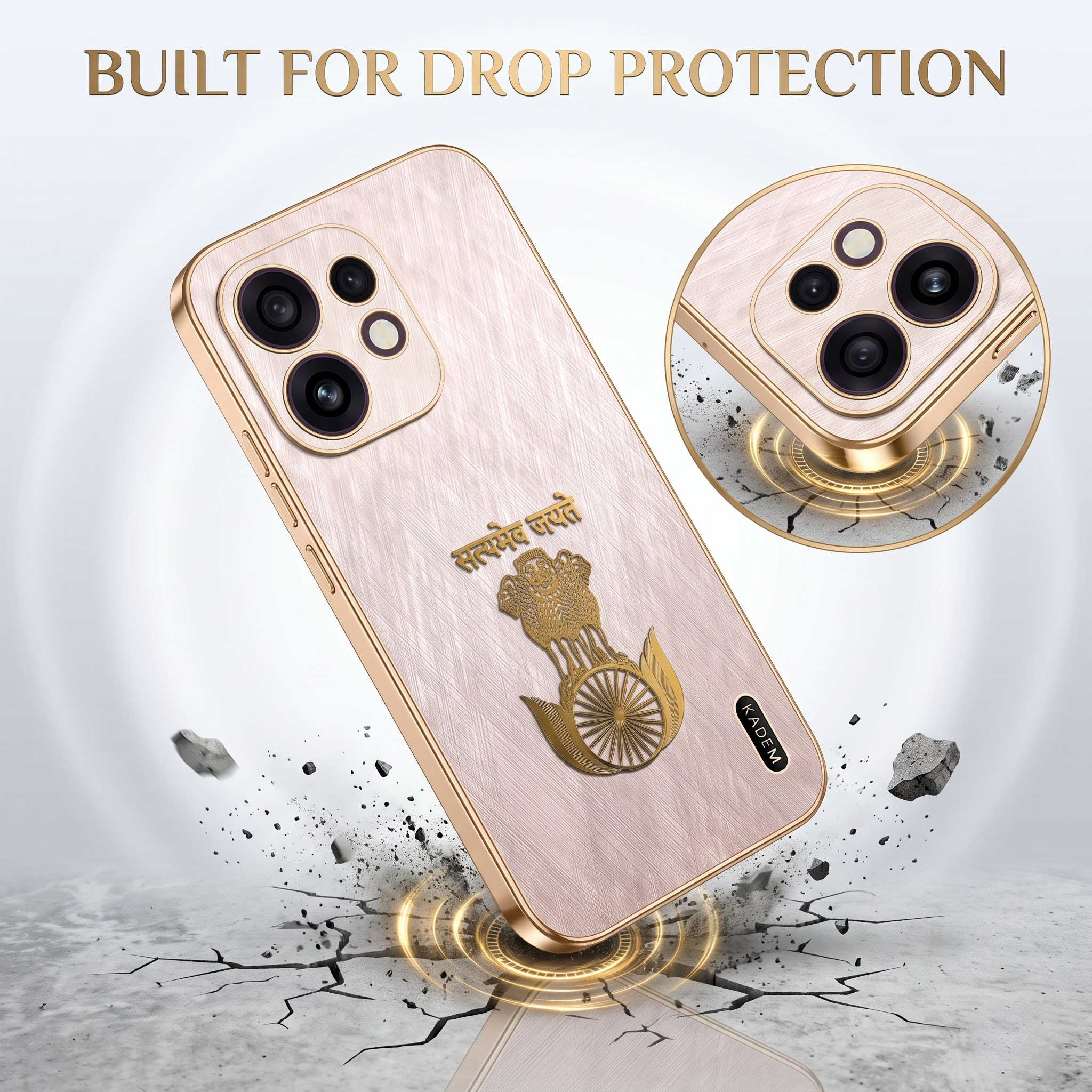 Oppo Reno 16 5G Satyamev Jayate 3D Electroplated Frame Gold Thread Pattern Hard Back Case