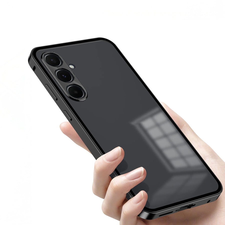 Samsung Galaxy A55 5G Black smartphone cover held in a hand with a plain background