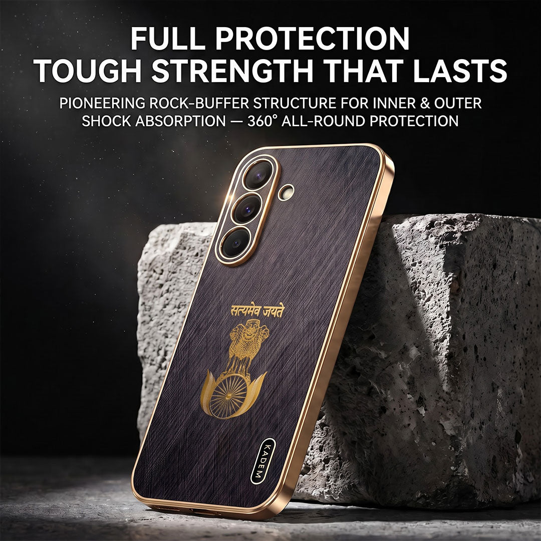 Samsung Galaxy A37 5G Satyamev Jayate 3D Electroplated Frame Gold Thread Pattern Hard Back Case
