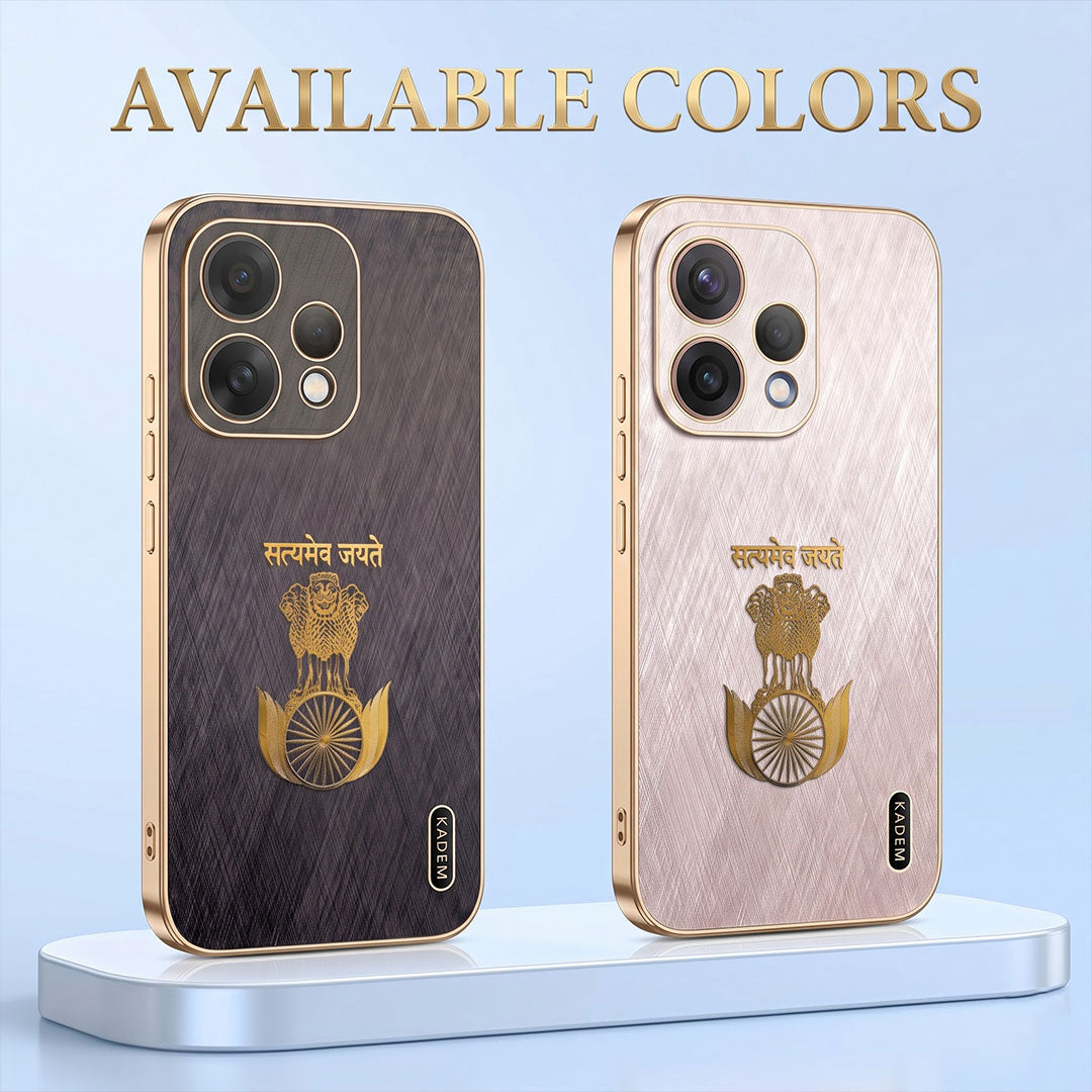Oppo Reno 15 5G Satyamev Jayate 3D Electroplated Frame Gold Thread Pattern Hard Back Case