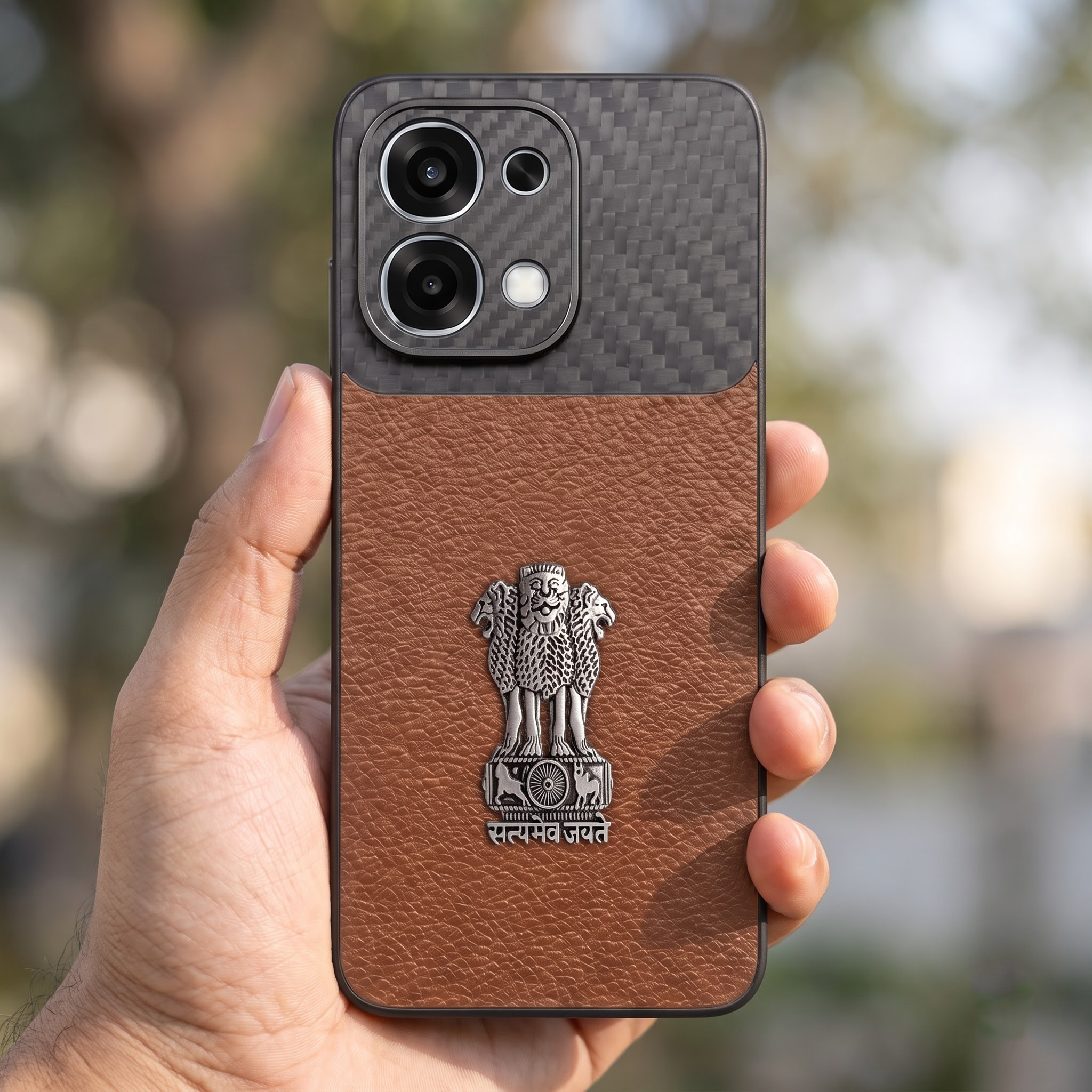 Oppo F31 5G Satyamev Jayate Carbon Fiber Leather Hybrid Phone Case