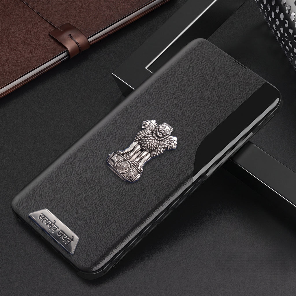 Motorola Edge 50 Pro 5G Metal Satyamev Jayate 2-in-1 Emblem Half-Window Leather Flip Case