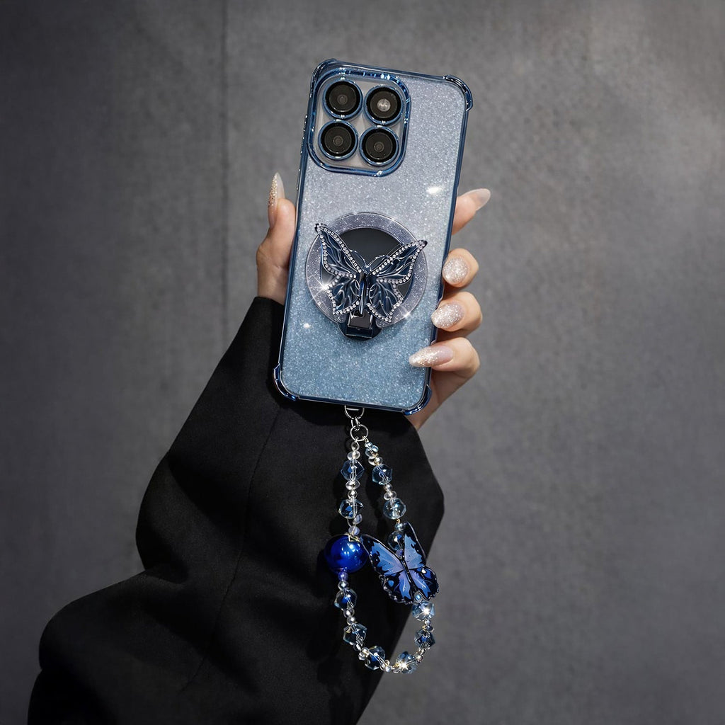 Motorola Edge 60 Pro 5G Shockproof Shimmer Butterfly Stand Case with Charm Strap