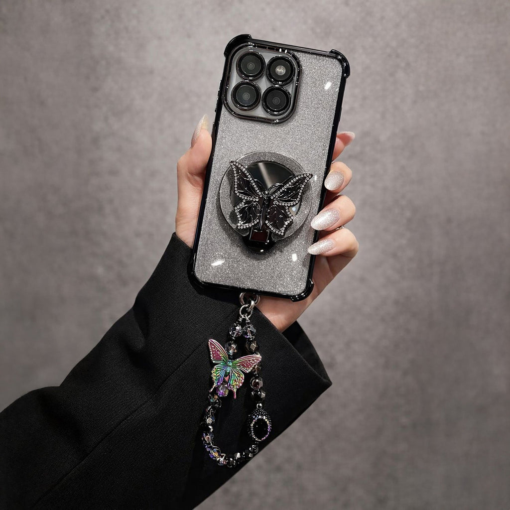 Motorola Edge 60 Pro 5G Shockproof Shimmer Butterfly Stand Case with Charm Strap
