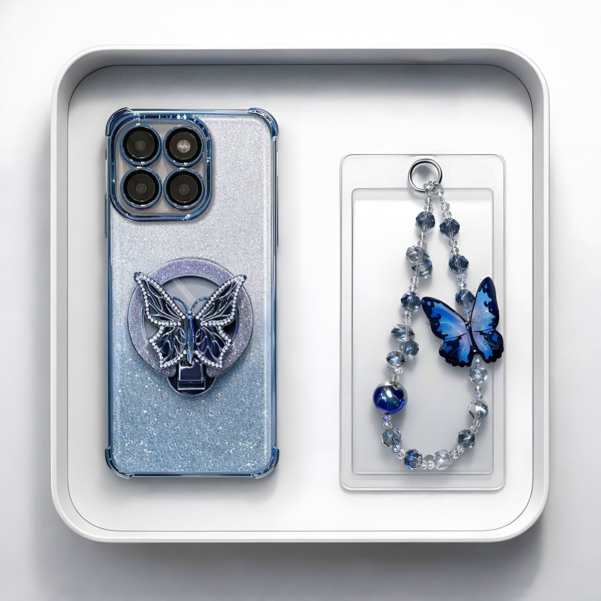 Motorola Edge 60 Pro 5G Shockproof Shimmer Butterfly Stand Case with Charm Strap