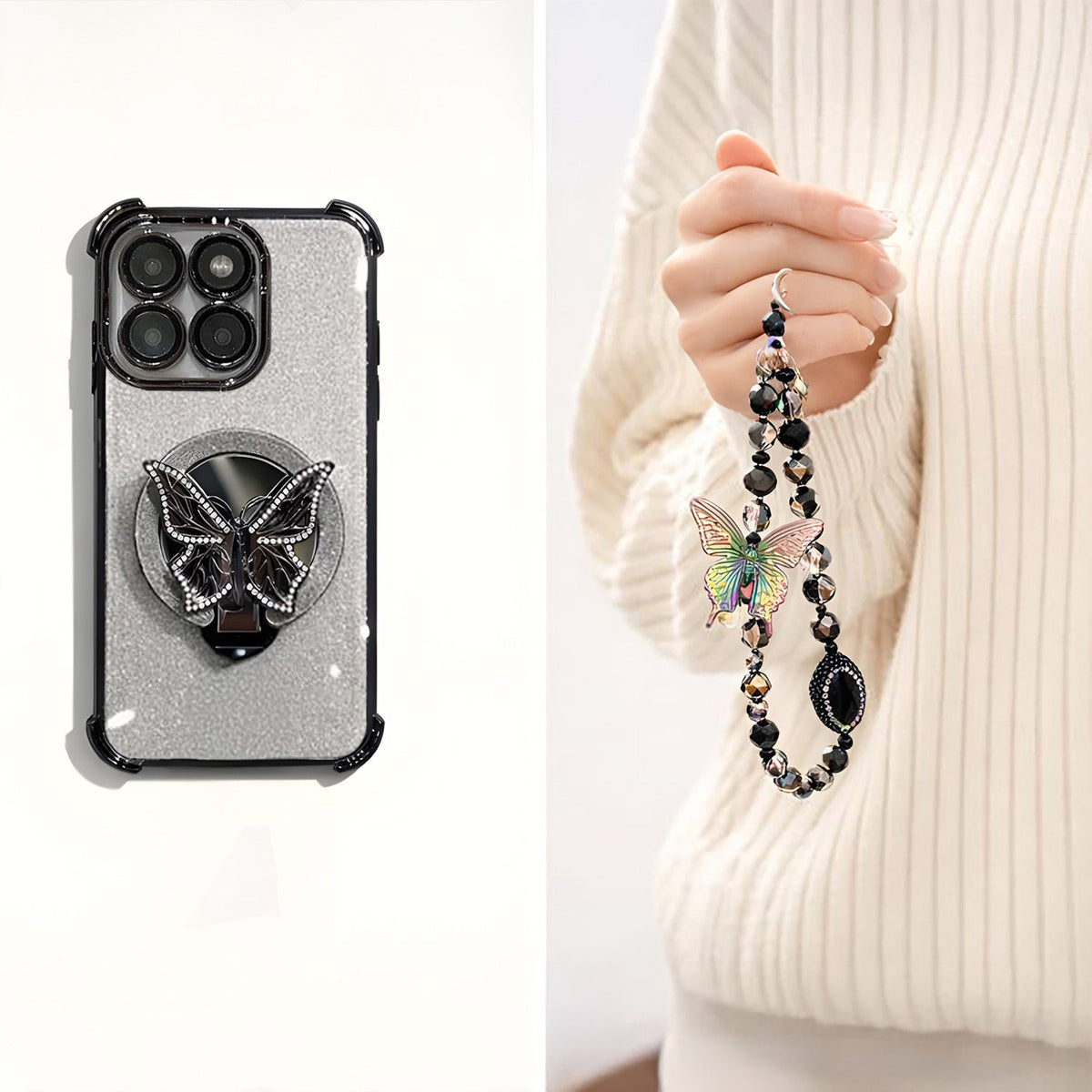 Motorola Edge 60 Pro 5G Shockproof Shimmer Butterfly Stand Case with Charm Strap