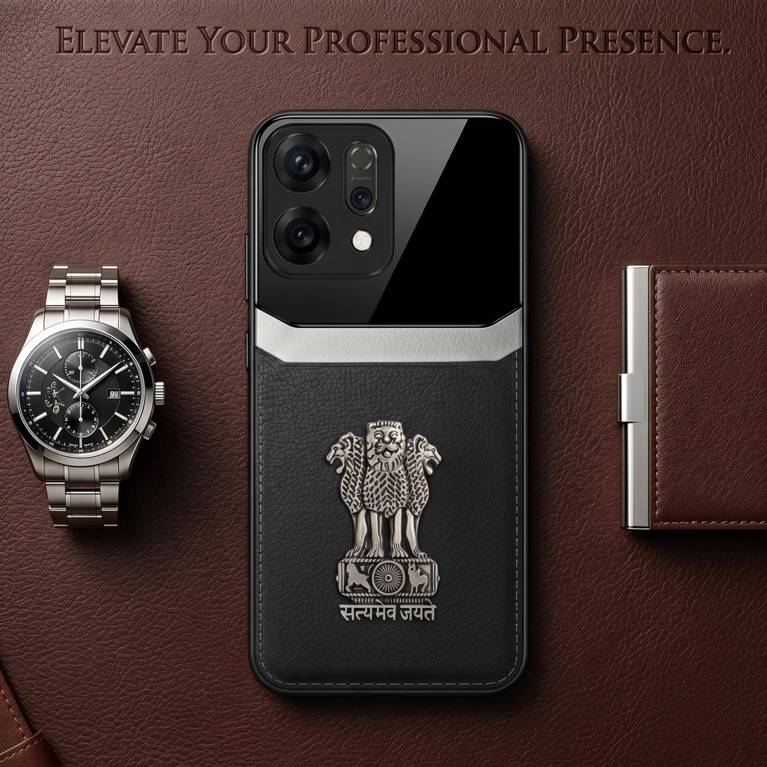 Oppo Reno 14 5G Satyamev Jayate 3D Metal Leather Back Case
