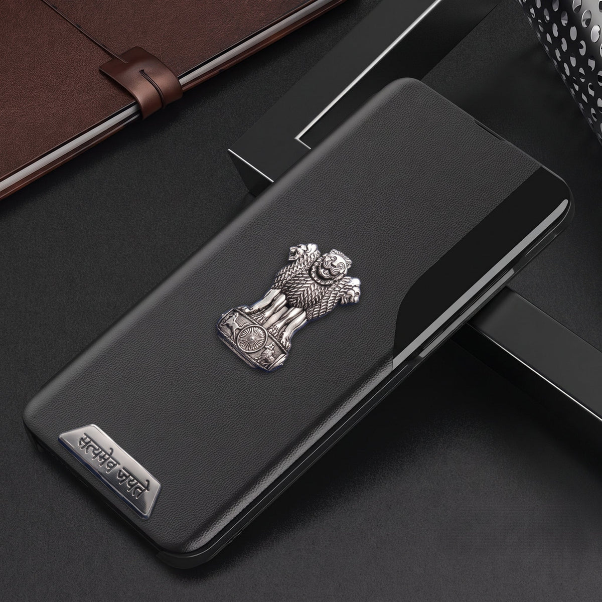 Vivo V40 Pro 5G Metal Satyamev Jayate 2-in-1 Emblem Half-Window Leather Flip Case