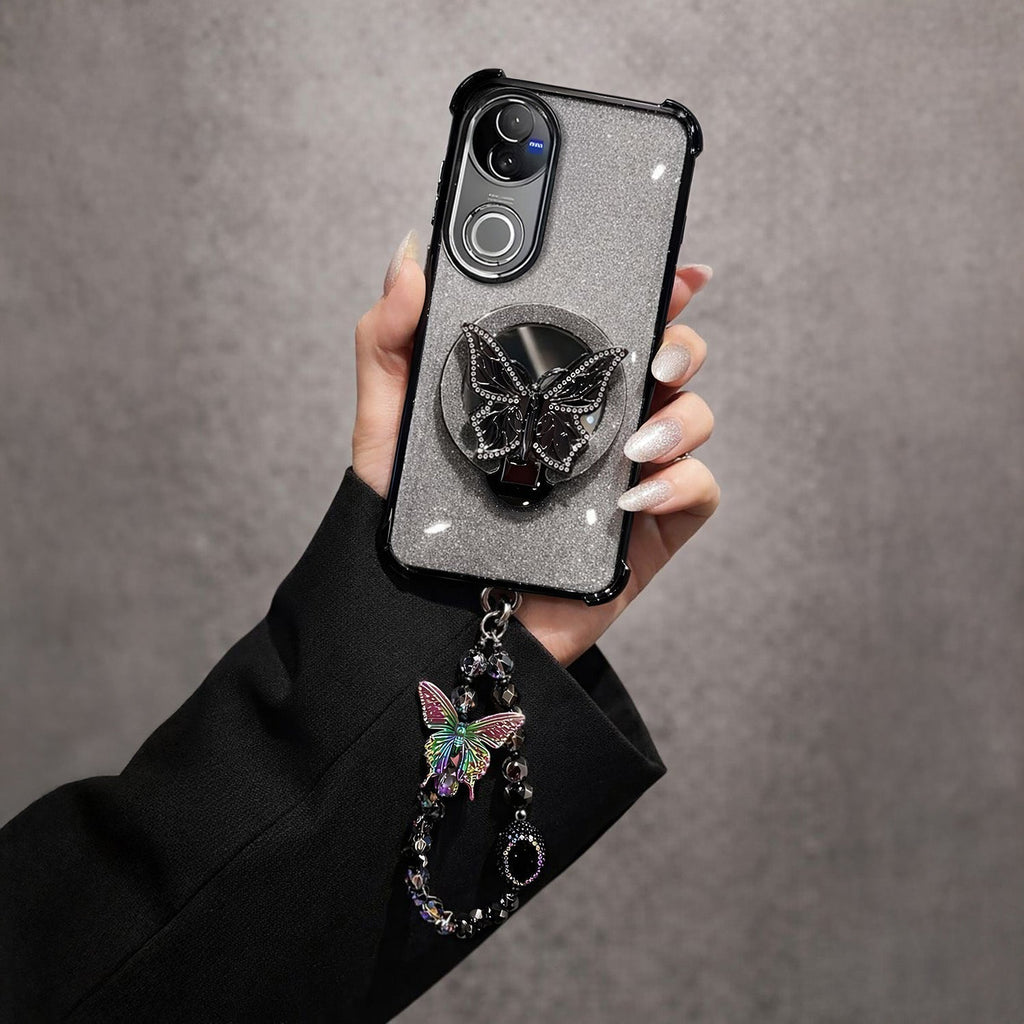 Vivo V50 5G Shockproof Shimmer Butterfly Stand Case with Charm Strap