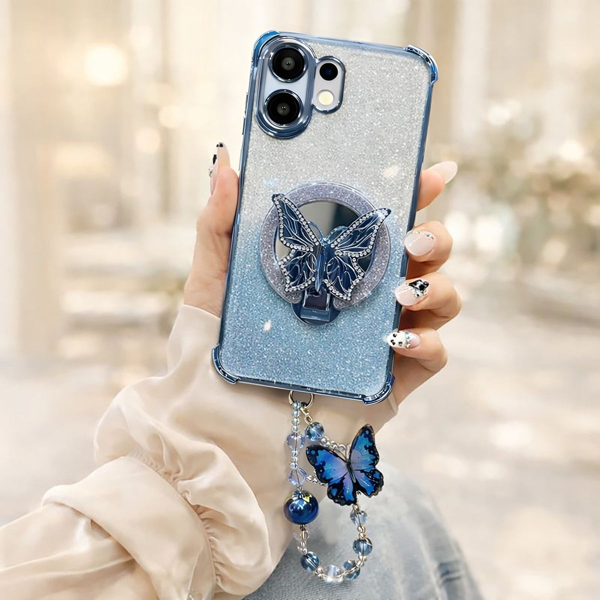 Vivo V60 5G Shockproof Shimmer Butterfly Stand Case with Charm Strap
