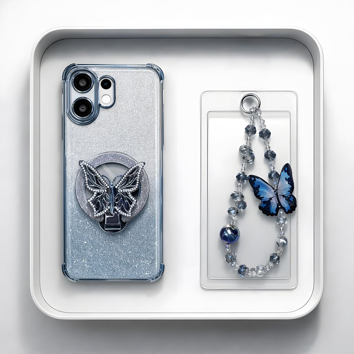 Vivo V60 5G Shockproof Shimmer Butterfly Stand Case with Charm Strap