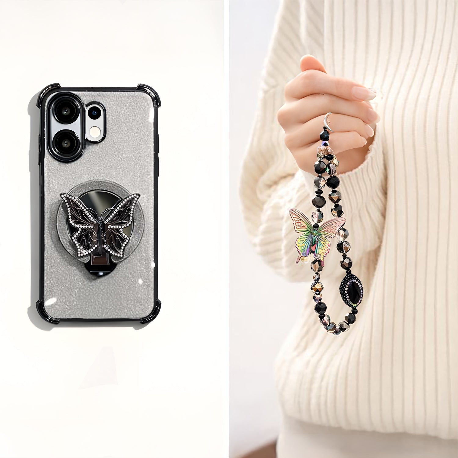 Vivo V60 5G Shockproof Shimmer Butterfly Stand Case with Charm Strap