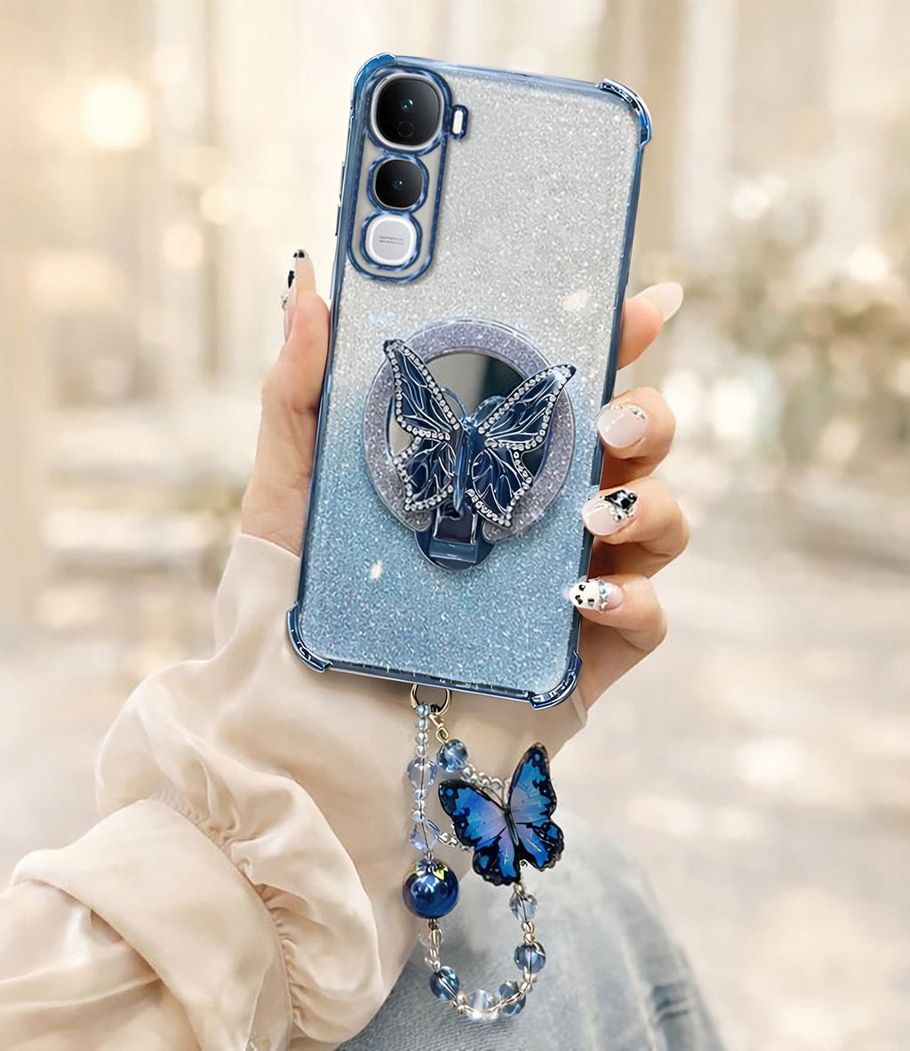 Vivo Y400 Pro 5G Shockproof Shimmer Butterfly Stand Case with Charm Strap