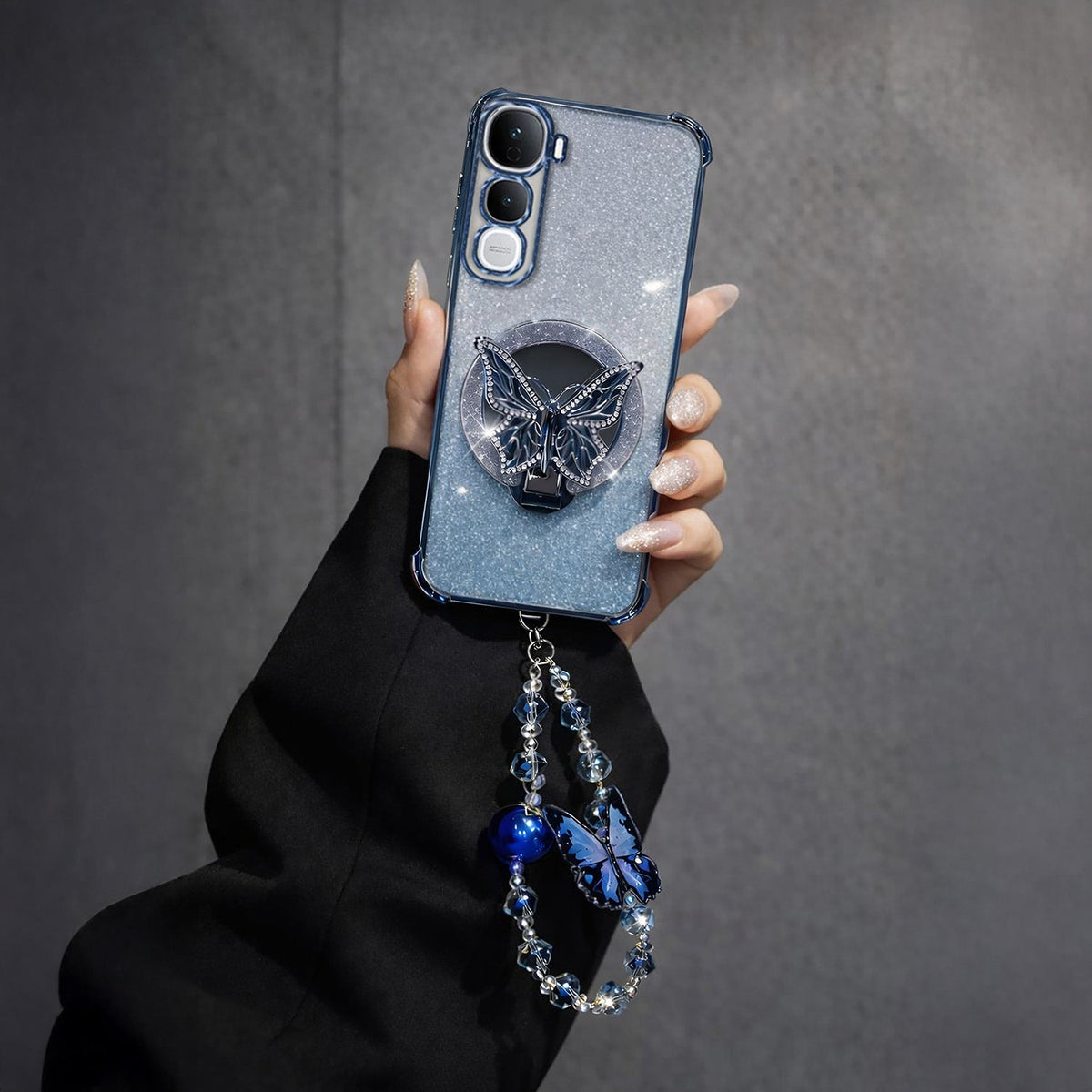 Vivo Y400 Pro 5G Shockproof Shimmer Butterfly Stand Case with Charm Strap