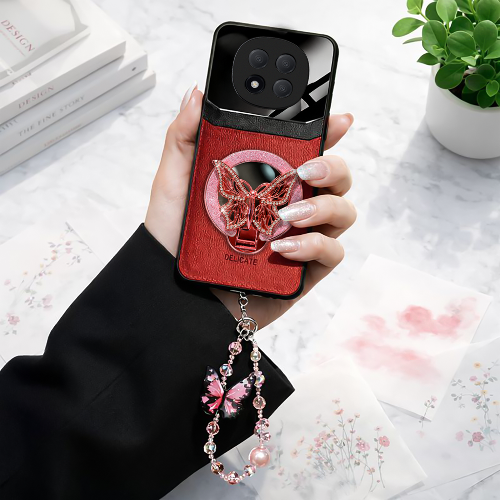 Redmi Note 14 Pro+ 5G Premium Leather Lens Butterfly Stand Case with Charm Strap