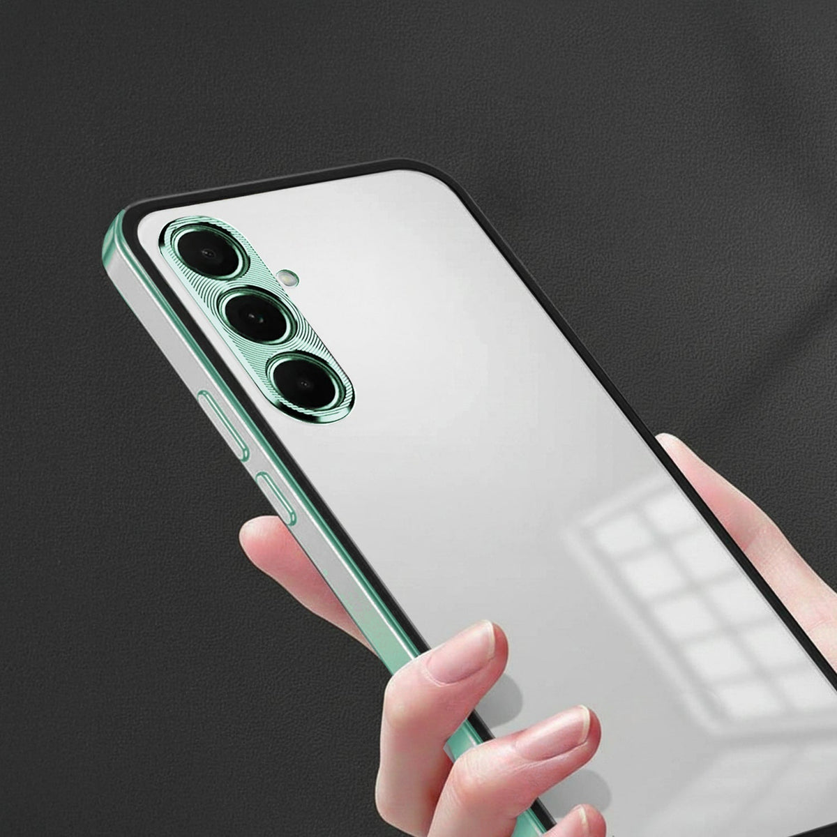Samsung Galaxy A55 5G Phone case with green trim held by a hand on a dark background