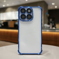 Motorola Edge 60 Pro 5G Phone case with blue frame and clear back on a blurred indoor background