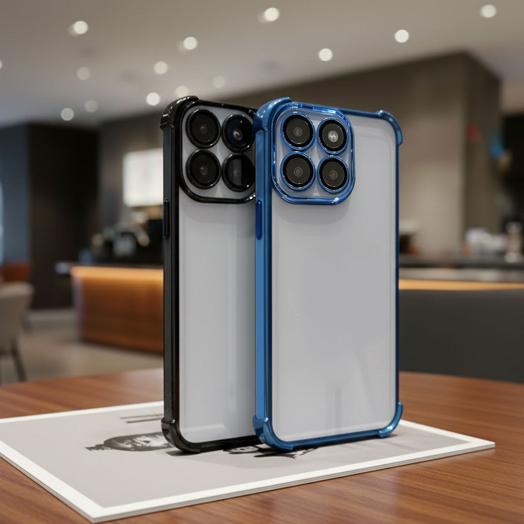 Two Motorola Edge 60 Pro 5G phone cases, one black and one blue, on a table with a blurred indoor background.
