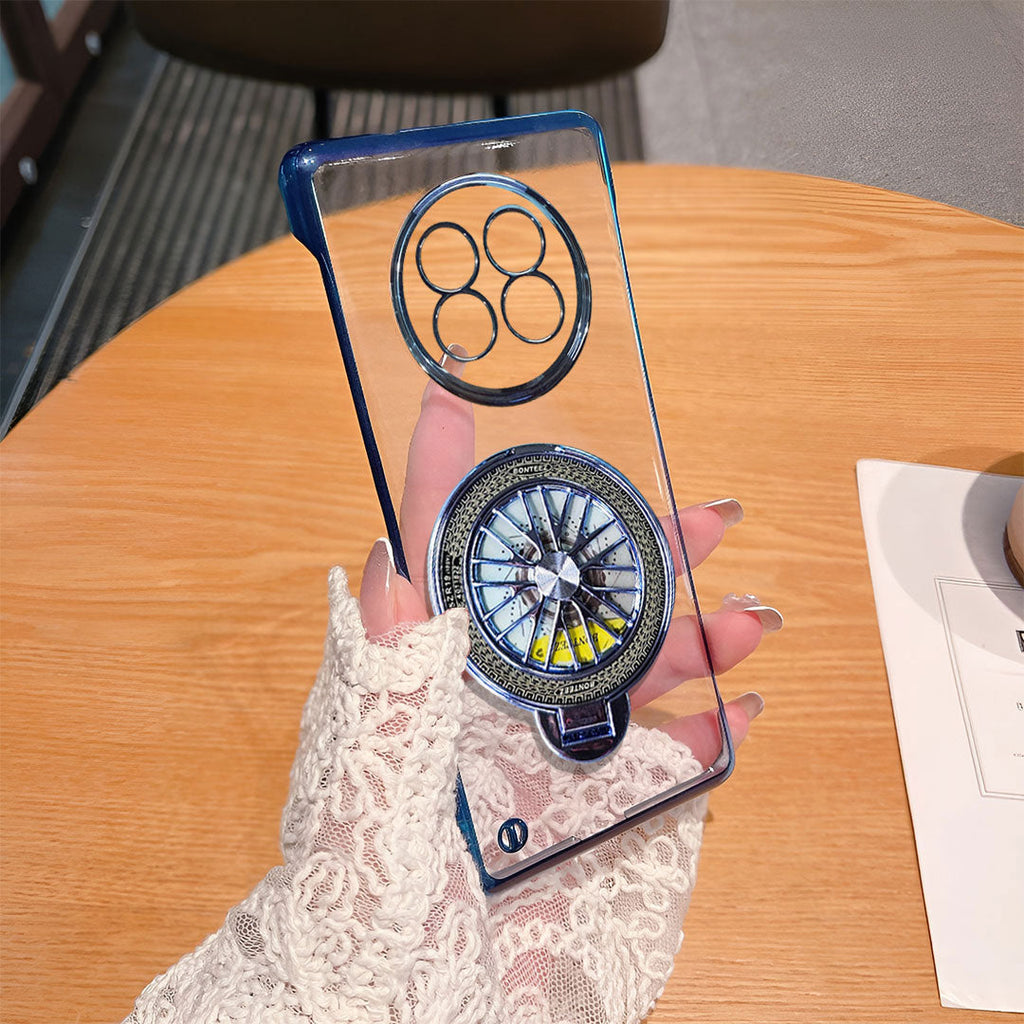Realme 13 Pro+ 5G Clear phone case with circular design held by a hand on a wooden table.