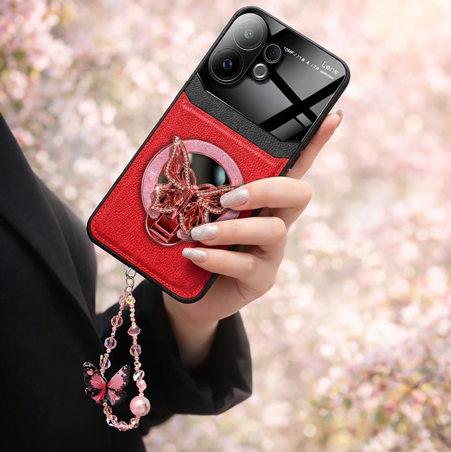 Vivo V60 5G Premium Leather Lens Butterfly Stand Case with Charm Strap