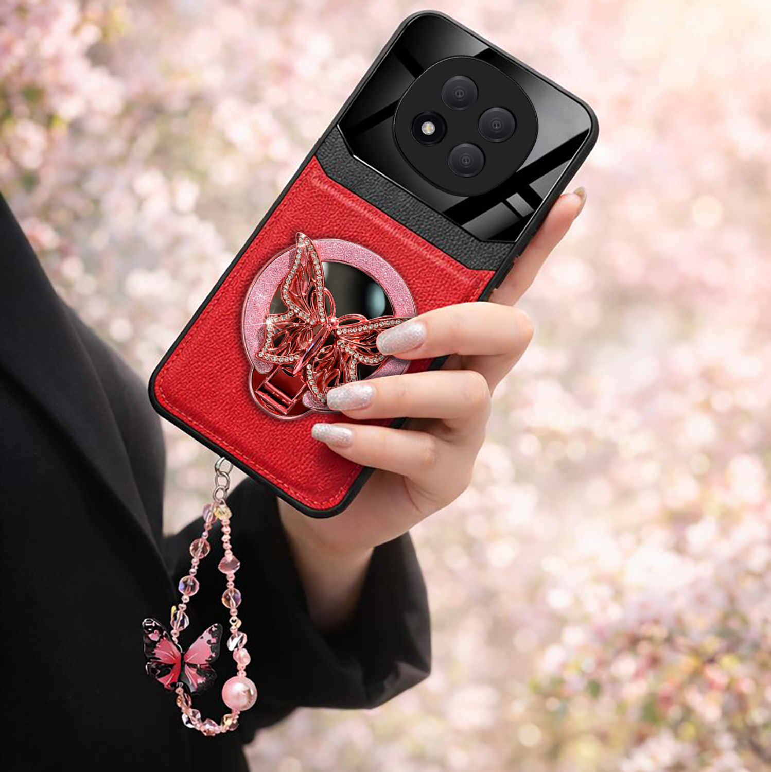 Redmi Note 14 Pro+ 5G Premium Leather Lens Butterfly Stand Case with Charm Strap